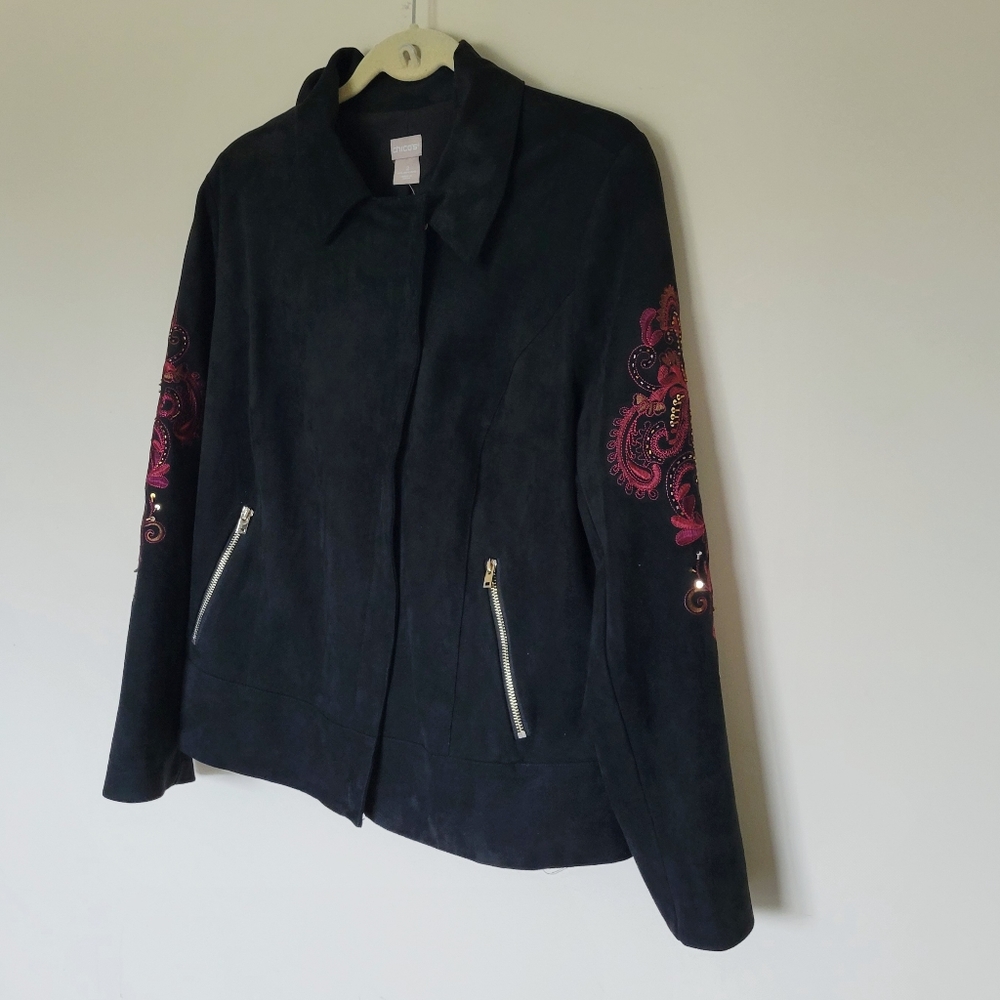 Chicos Sueded Embroidered-Sleeve Moto Jacket - Picture 5 of 11